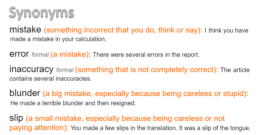 Synonyms Mistakes, Error, Blunder worksheet