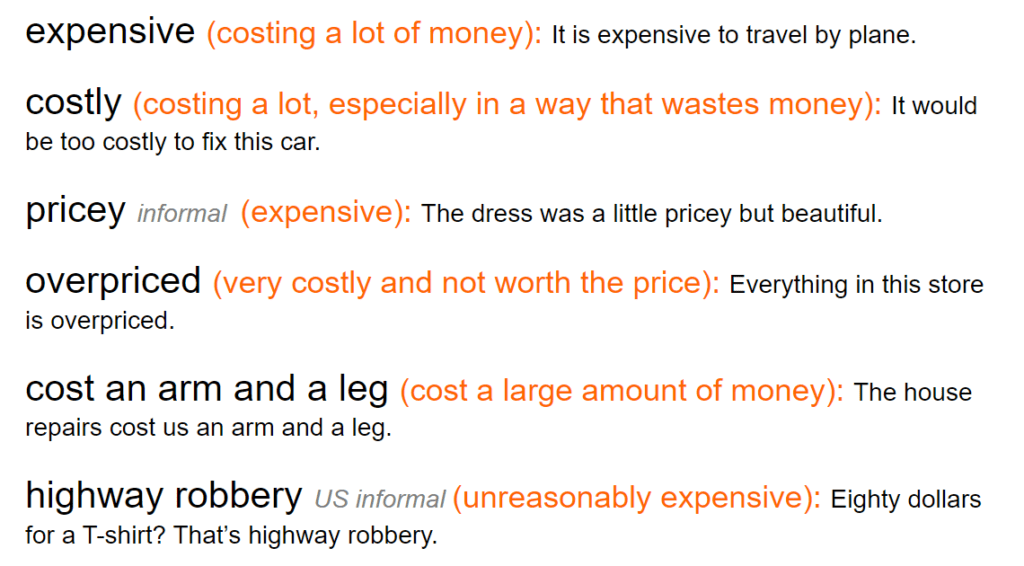 Expensive Synonyms English Vocabulary Envocabulary